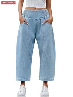Wide Leg Cropped Jeans Baggy Boyfriend Mid Rise Loose Fit Denim Pants